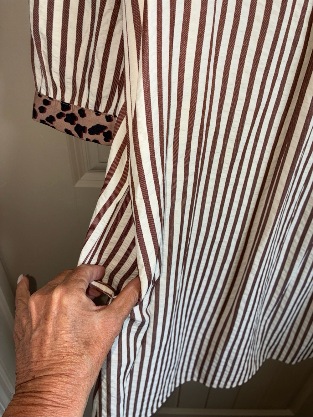 Striped Brown and White Button-Front Women’s Dress with Leopard Trim - Picture 5 of 8